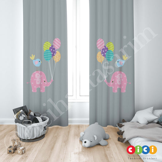Balon Tutan Fil ve Kuş Çocuk Odası Perdesi