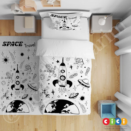 Space Travel Roket Astronot ve Gezegenler Yatak Örtüsü