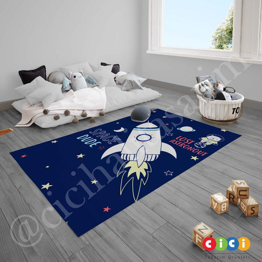 Space Roket Astronot Ayıcık ve Gezegenler Uzay 360 Çocuk Halısı