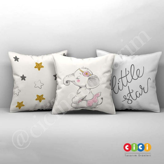 Little Star Oturan Fil ve Yıldızlar Kırlent Kılıfı